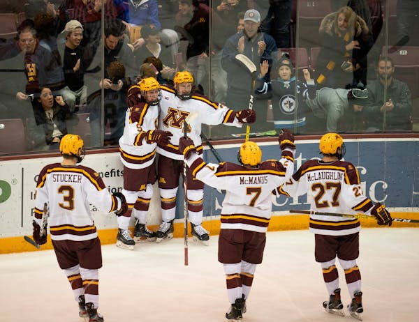 Minnesota's Sammy Walker, left, celebrated his second period goal, the first of the game, with teammate Ben Meyers (39)