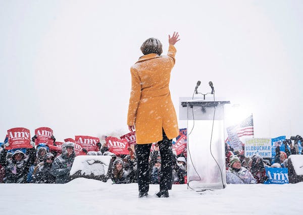 U.S. Sen. Amy Klobuchar waved to supporters gathered at Boom Island Park as she entered the Democratic presidential field on Sunday, Feb. 10, 2019, in
