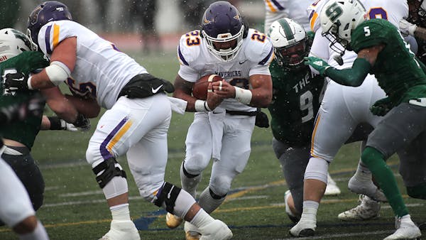 Minnesota State Mankato running back Nate Gunn charged into the line Saturday, when he scored three touchdowns in the Mavericks’ victory over Slippe