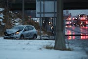 Ice covered roads causing multiple crashes shut down a stretch of I-169 south of Highway 55 early Saturday, Dec. 28, 2019, in Plymouth, MN, as roadway