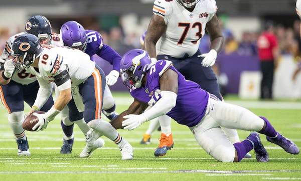 Bears quarterback Mitchell Trubisky fumbled the ball before being sacked by Vikings defensive tackle Jalyn Holmes in the fourth quarter.