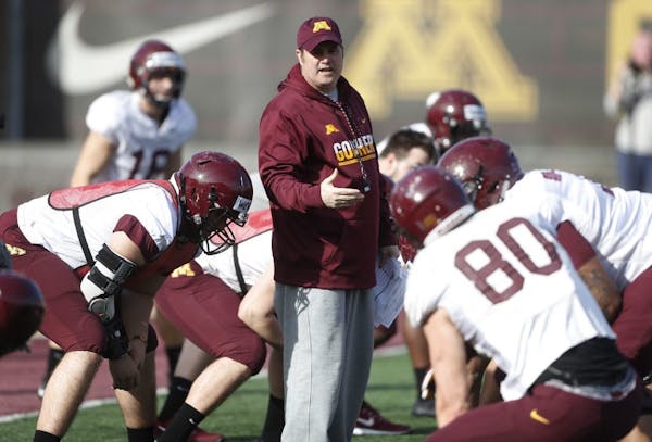 Kirk Ciarrocca watched over the offense during a Gophers football practice.