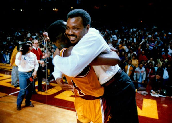 January 27, 1989: Gophers coach Clem Haskins gleefully embraced Willie Burton, who had 20 points and 13 rebounds on this night.