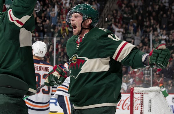 Eric Staal celebrated after scoring a goal vs. Edmonton earlier this season.