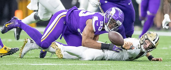 Minnesota Vikings defensive end Danielle Hunter sacked New Orleans Saints quarterback Drew Brees forcing a fumble in the fourth quarter Jan. 5.
