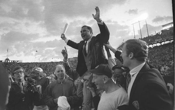 Hank Stram was carried off the field after Kansas City beat the Vikings in Super Bowl IV.