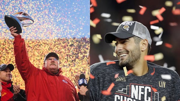 Chiefs coach Andy Reid, left, and 49ers quarterback Jimmy Garoppolo will provide two of the story lines leading up to Super Bowl LIV.