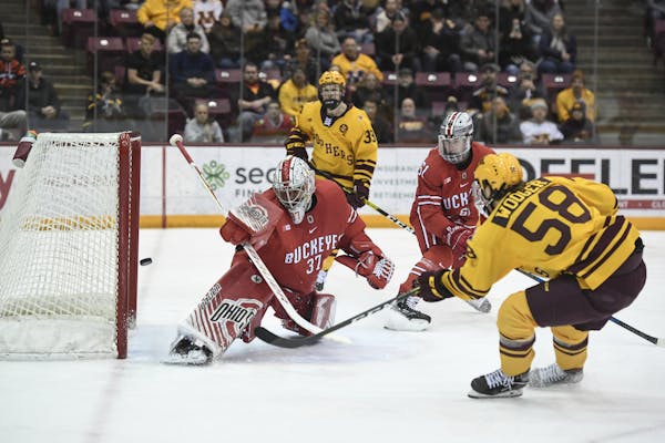 Gophers forward Sampo Ranta scored a goal against Ohio State goaltender Tommy Nappier in the second period.