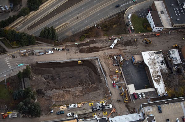 Construction on Superior Street in Duluth as seen from an airplane in October. Hundreds of construction, mining and logging jobs were lost in the regi
