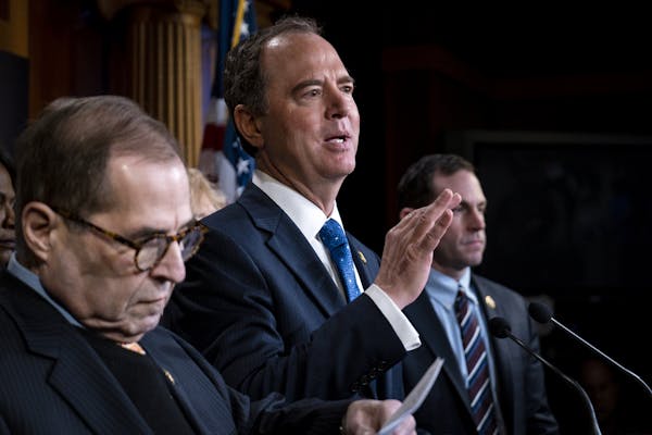 House impeachment managers Rep. Adam Schiff, center, and Rep. Jerrold Nadler during a news conference at the Capitol on Jan. 25.
