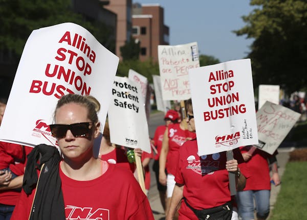 A strike by nurses at Allina Health in 2016 brought thousands of pickets around Abbott Northwestern in Minneapolis.