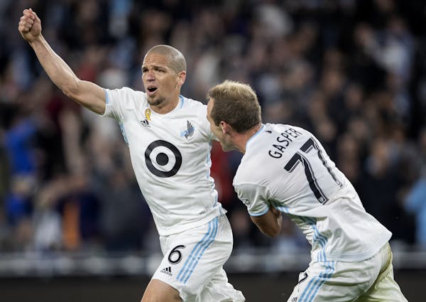 Ozzie Alonso (6) of Minnesota United celebrated after scoring a goal in a Sept. 25 match against Sporting Kansas City at Allianz Field. “We have to 