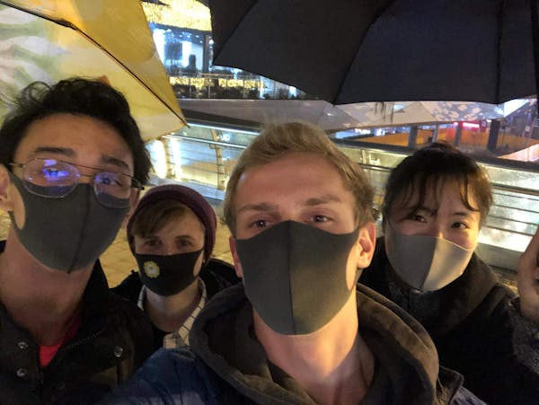 Edina native Lindsay Rubin, 20, (center back) and classmates from Purdue University have worn masks when in public during their study abroad in China 