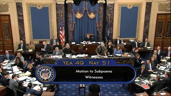 In this image from video, the final vote total on the motion to subpoena and allow additional witnesses and documents, during the impeachment trial ag