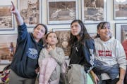 Le Center sixth-graders, from left, Cristina Cruz, Marissa Schroeder, Lupita Lopez and Melody Morales Mendez viewed the works of Edward S. Curtis, who