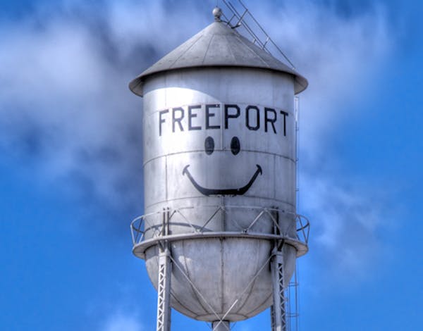 The smiling water tower in Freeport, Minn., along Interstate 94 in Stearns County.