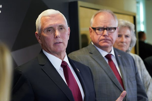 Vice President Mike Pence and Minnesota Governor Tim Walz spoke to the press after Pence visited 3M World Headquarters in Maplewood.