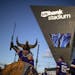 Vikings fan Zane Ziebell waved a sword outside U.S. Bank Stadium before a game in October.