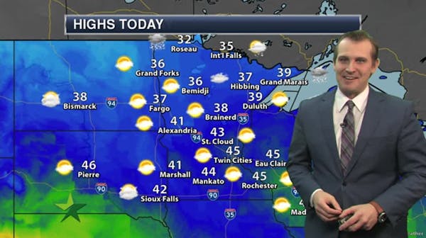 Today's forecast: Warm, mostly sunny start, high 45; cloudier, cooler later