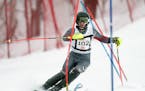 Minneapolis Washburn senior Luke Conway, on his first run Wednesday at Giants Ridge, won the boys’ individual Alpine skiing state championship. Phot