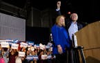 Sen. Bernie Sanders (I-Vt.), a candidate for the Democratic presidential nomination, is joined on stage by his wife, Jane, during a campaign rally in 