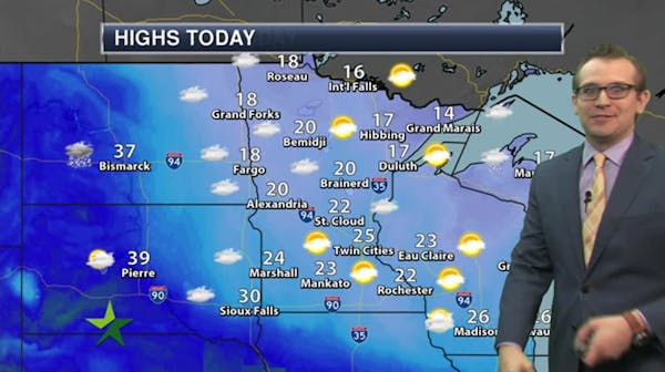 Afternoon forecast: 25, mostly sunny, clipper in SW. Minn.; weekend warm-up on way