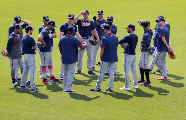 Twins coaches spoke with outfielders during the first day of workouts for position players last month in Fort Myers.