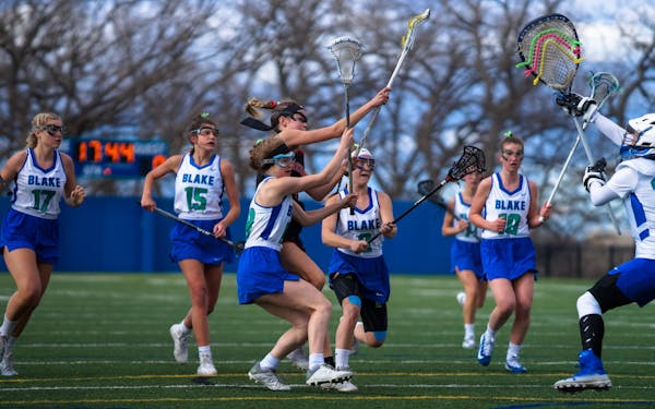 The Blake girls’ lacrosse team played Minnehaha Academy in a game at Blake’s south campus in Hopkins on April 18, 2019.