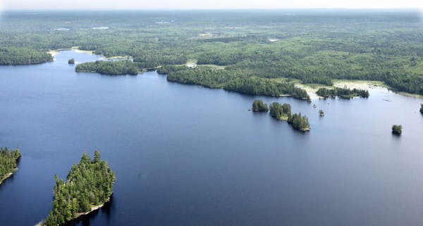 Aerial view looking over Birch Lake toward the site of the Twin Metals underground mine.