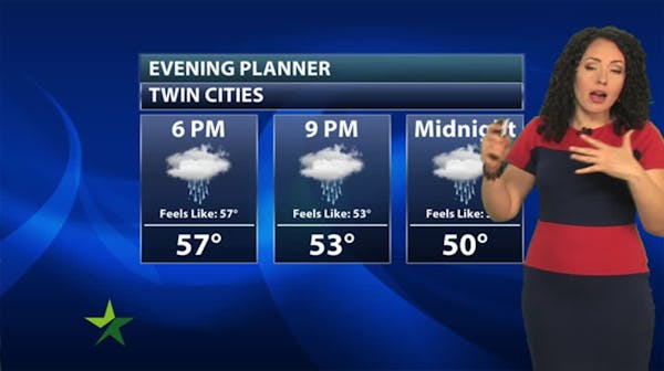 Evening forecast: Low of 35; rain at times, including late afternoon thunderstorms