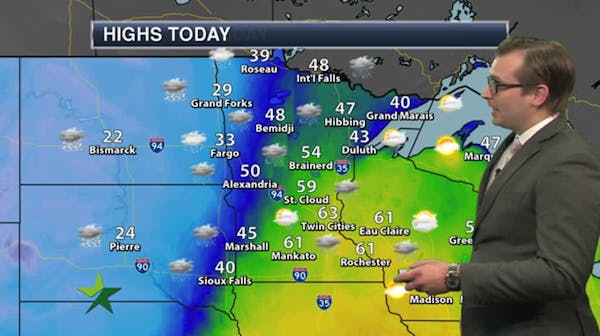 Afternoon forecast: 63, mostly cloudy, rain and then ice on the way; winter weather advisories western Minn.