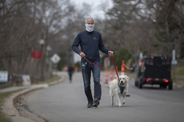 Peter Welles walked his dog Loonie on Bde Maka Ska Parkway near 36th Street along the lake .Traffic cones are placed along the parkway making traffic 