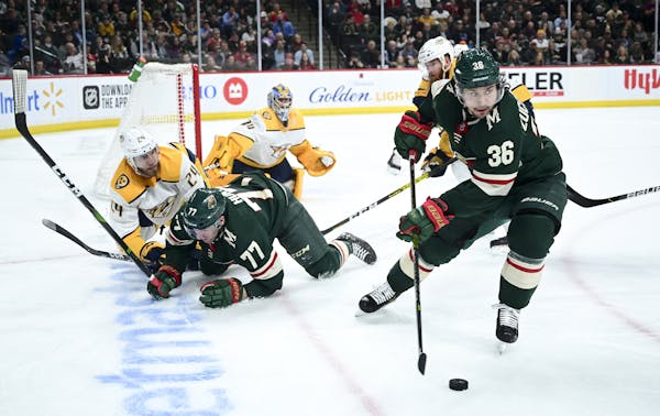 Mats Zuccarello took control of the puck for the Wild against Nashville on March 3, the Wild’s most recent home game before the NHL season was put o