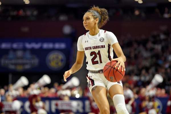 South Carolina's Mikiah Herbert-Harrigan dribbles during the second half of a semifinal match against Arkansas at the Southeastern Conference women's 