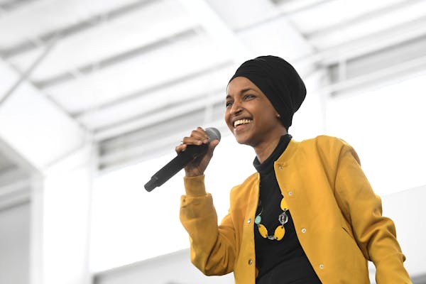 U.S. Rep. Ilhan Omar, D-Minn., spoke at a rally in Springfield, Mass., in February. Omar won the DFL endorsement Sunday to run in the Aug. 11 primary 