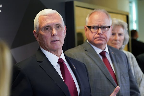 Vice President Mike Pence and Minnesota Gov. Tim Walz spoke to reporters after Pence visited 3M World Headquarters in Maplewood in March.