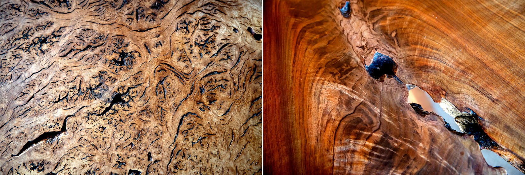 Left: Detail of the oak burl table. Right: Detail of the black walnut table.