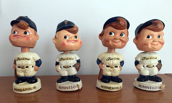 These early Twins bobbleheads mistakenly called the team the Minneapolis Twins. Team owner Calvin Griffith — a legendary penny-pincher — had a sec