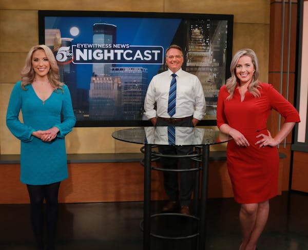 KSTP's "Nightcast" team (from left): meteorologist Wren Clair and anchors Kevin Doran and Lindsey Brown.