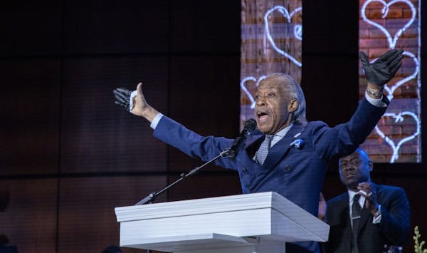 The Rev. Al Sharpton spoke during a memorial service for George Floyd at North Central University in Minneapolis on Thursday.