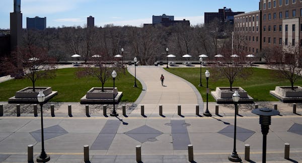 A mostly deserted University of Minnesota campus shown in April. University of Minnesota President Joan Gabel laid out a plan for social distancing in