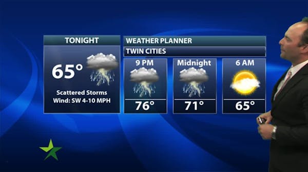 Evening forecast: Low of 62, with storms possible, including strong ones early