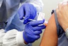 A subject received a shot in March in the first-stage safety study clinical trial of a potential vaccine by Moderna for COVID-19 at the Kaiser Permane