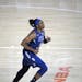 Minnesota Lynx guard Karima Christmas-Kelly (0) runs up the court during the first half of a WNBA basketball game against the Connecticut Sun, Sunday,