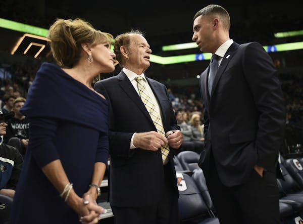 Timberwolves owner Glen Taylor and his wife, Becky, talked to coach Ryan Saunders before taking their usual seats in March 2019 at Target Center.