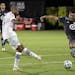 Minnesota United defender Michael Boxall, right, tried to block a shot by Orlando City forward Tesho Akindele in the first half of the MLS is Back sem