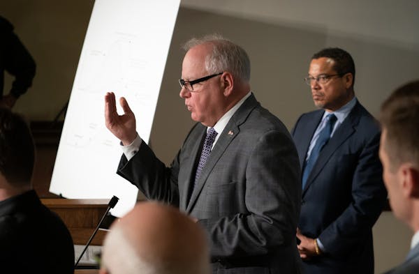Minnesota Gov. Tim Walz and Attorney General Keith Ellison, shown in March.