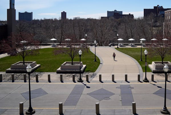 A mostly deserted University of Minnesota campus shown in April. State health officials Wednesday again urged college-bound students to avoid large ga