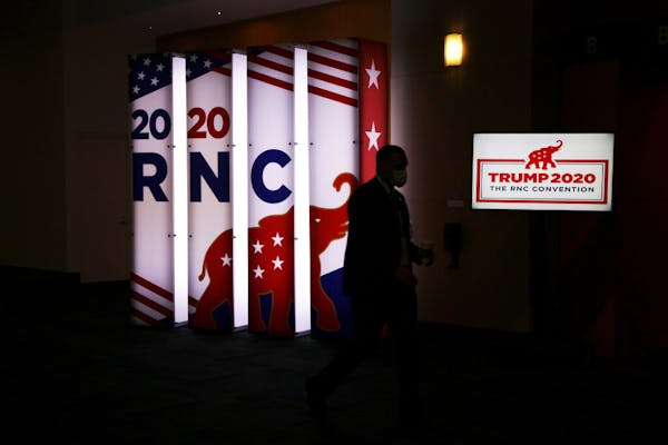 A Trump 2020 sign at the Charlotte Convention Center in Charlotte, N.C., Monday, Aug. 24, 2020, the first day of the Republican National Convention.