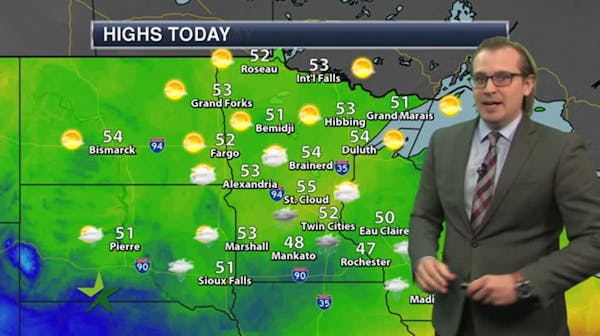 Afternoon forecast: 52, cloudy, chance of sprinkles, rain south, hard freeze north